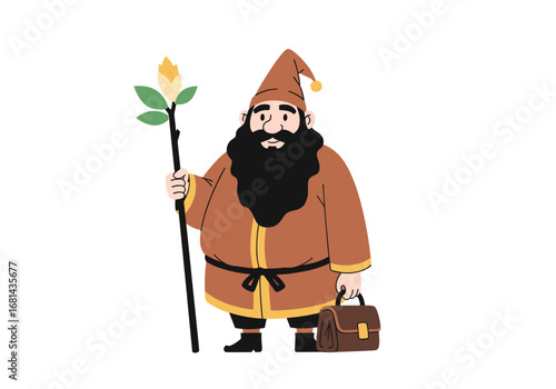 Chubby gnome holding a staff with a yellow flower and a briefcase in his hand
