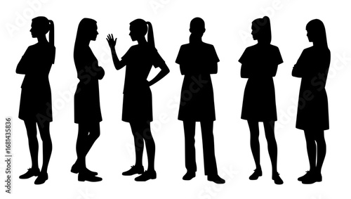Silhouetted figures showcase a series of diverse women. Each with unique gestures, creating a dynamic interplay of light and shadow. Capturing the essence of individuality and shared experiences. 