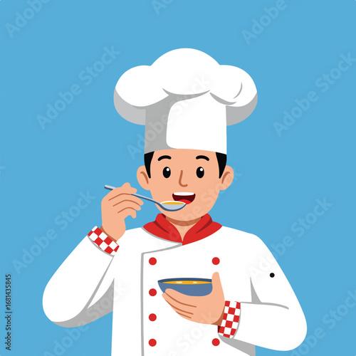 Cook Tasting Dish with Spoon on Blue Background