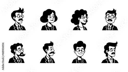 A collection of refined individuals, showcasing distinct facial features, elegantly rendered in a timeless monochrome palette, poised with professionalism. vector illustration