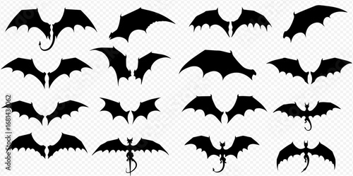 Collection of black silhouette illustrations of bat wings and winged dragons in various shapes and sizes.