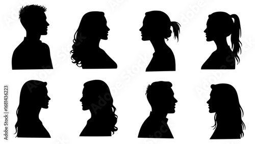 A collection of stylish silhouettes presenting various faces in profile, capturing the essence of diversity and individuality through elegant art. vector illustration