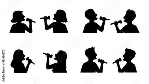 The silhouette of eight individuals passionately singing with microphone. Capturing the essence of musical performance, their forms evoke the energy and emotion of singing. 