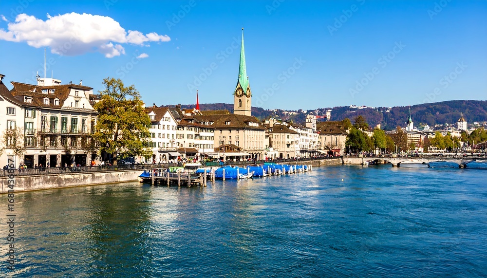 Fototapeta premium Panoramic view of a Swiss city by a river