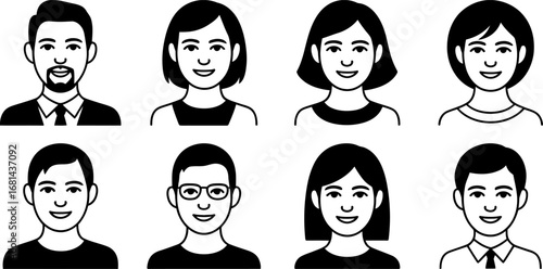Diverse group of friendly people smiling, showcasing a variety of faces and hairstyles