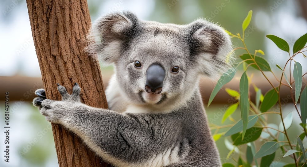 Fototapeta premium Cute koala bear climbing tree in australia wildlife nature conservation animal portrait
