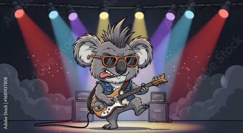 Rockstar koala playing guitar on stage cartoon illustration for music lovers art