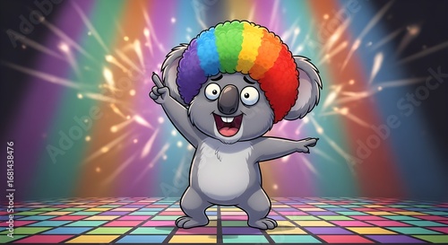 Dancing koala with rainbow afro wig vector illustration for party and fun designs