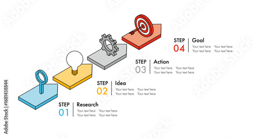 4STEP　インフォグラフィック　フローチャート　アイソメトリック　ベクター　右上矢印　ベクター