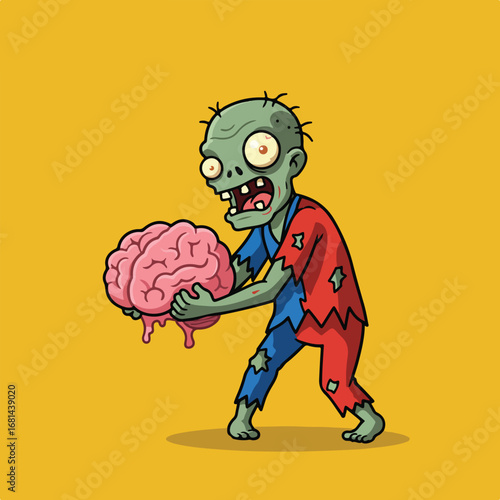 Zombie holding pink brain on plain background