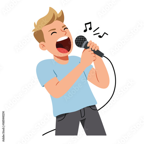 Boy Singing Loudly With Microphone On Stage