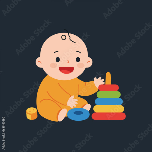 Baby Stacking Rings Playing with Educational Toys at Home on Dark Background