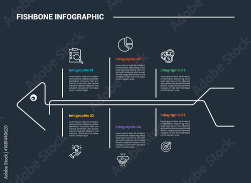 Fishbone diagram infographic process diagram with left direction with balance shape separator with dark background bright outline style 6 points