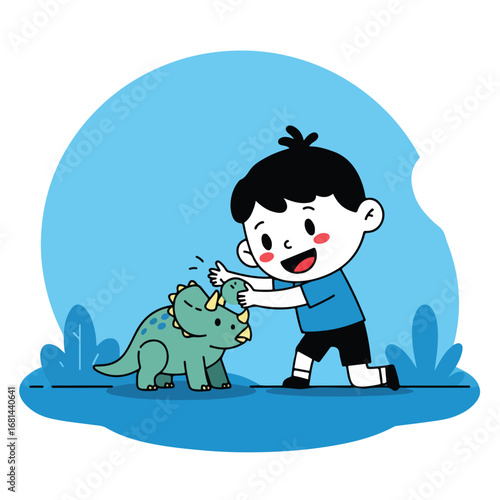 Child strokes Triceratops on blue background