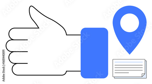 Hand making thumbs-up sign, blue location marker, and document. Ideal for approval, feedback, sharing, location, communication, collaboration or decision-making concepts in a simple flat metaphor