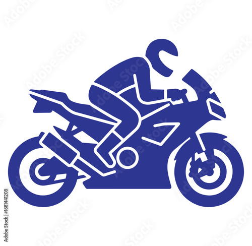 Silhouette of a motorcyclist riding a sport motorcycle with a blue and white color scheme