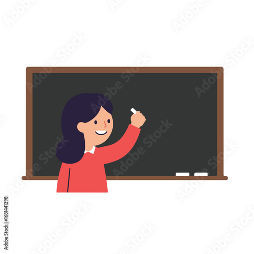 Woman Writing with Chalk on a Blackboard in a Classroom