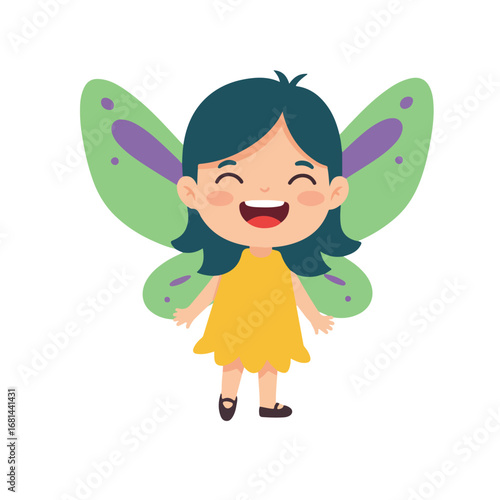 Girl Smiling With Butterfly Wings on White Background, Vector Illustration