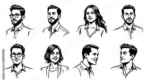 A collection of diverse face portraits captures the essence of human individuality and expression. Each face, rendered in a refined and artful line drawing. vector illustration