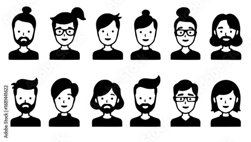 A collection of illustrated portraits showcases a diverse range of modern individuals in monochrome. The illustration has clean lines. vector illustration