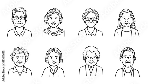 A set of black and white headshots of diverse senior individuals with spectacles, showcasing a variety of facial features and expressions. vector illustration