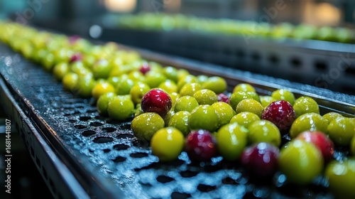 Green and Red Olives on Conveyor Belt