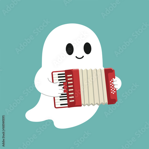 Ghost playing accordion on colored background