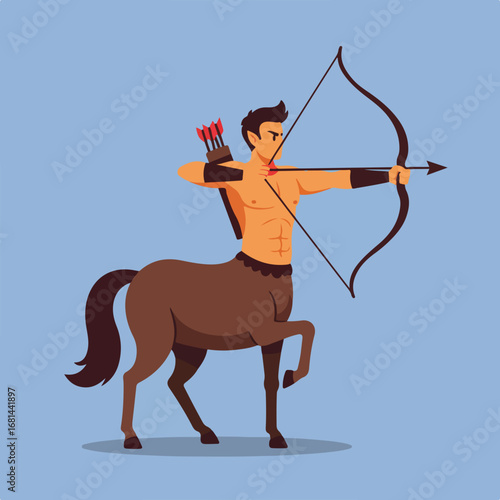 , keyword list, and category suggestion

 Centaur Archer Aiming Arrow, Targeting Outdoors. Vector Flat Cartoon Design
