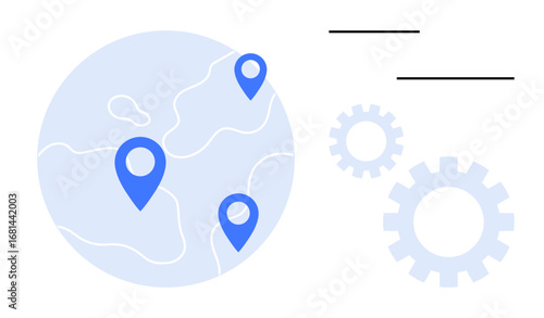 Abstract globe with blue geolocation markers, gears symbolizing process automation, and lines representing data flow. Ideal for logistics, networking, technology, collaboration, innovation, planning