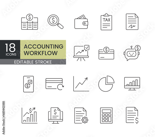 A set of vector icons representing accounting workflow, financial reporting, expense tracking, and payment operations, created in line style with editable stroke