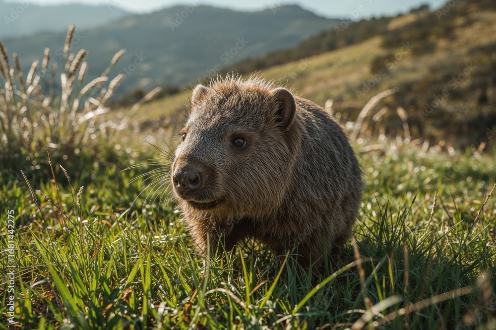 Fototapeta premium Marsupial in a lush green valley
