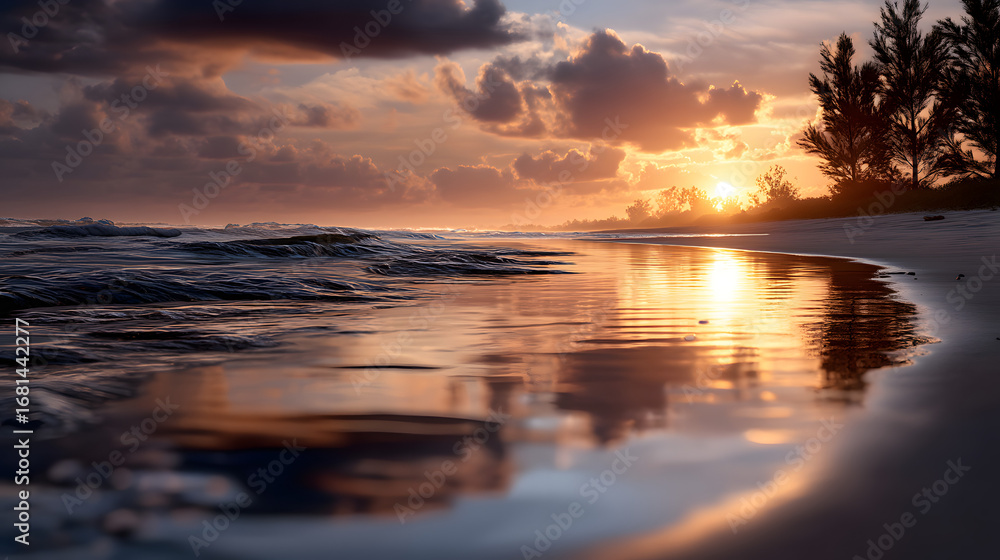 Obraz premium A tranquil beach with golden light from the sunset rflecting on the still wate, creating a peaceful atmophere.