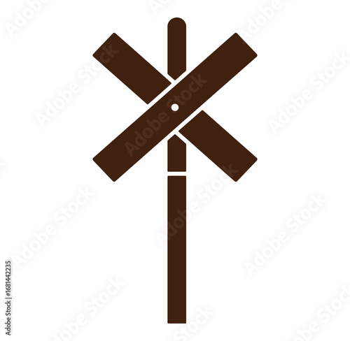 Simple illustration of a railroad crossing sign displaying warning and safety advice