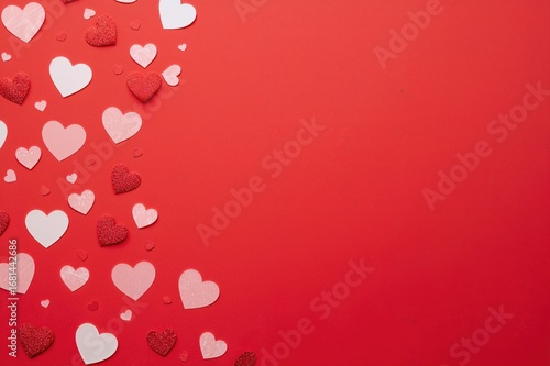 Numerous heart shapes set against a scarlet backdrop with a nearby blank area for text on a white surface. Suitable for themes like love celebrations, wellness, or charity.
