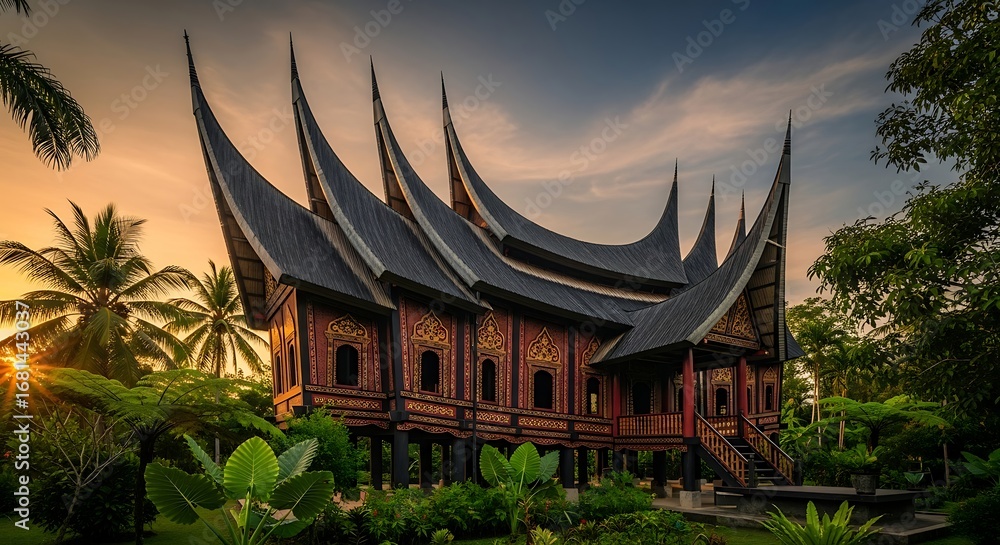 Fototapeta premium Majestic Minangkabau Architecture at Sunset A Cultural Jewel of Indonesia