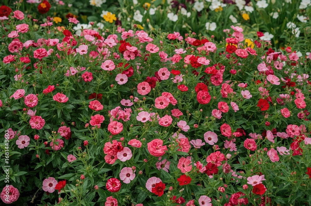 Fototapeta premium A vibrant display of red and pink flowers flourishes in a rich green garden, enhancing the summer landscape with natural elegance and the spirit of spring