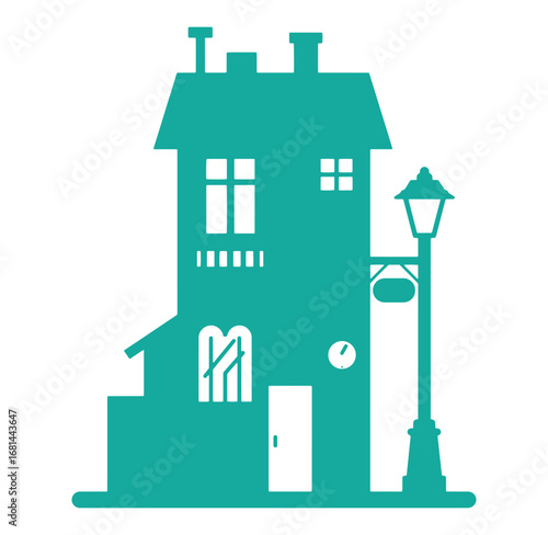 Turquoise illustration of a charming city house with a street lamp and decorative elements