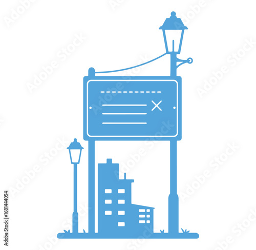 Vector illustration of a blank signboard with street lamps and city buildings