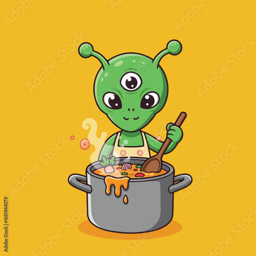 Alien Cooking Soup on Yellow Background