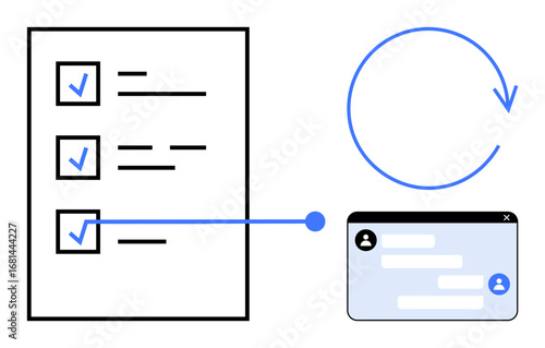 Checklist with completed tasks linked to chat window and cycle arrow representing workflow continuity. Ideal for task management, teamwork, communication, productivity, workflow, collaboration