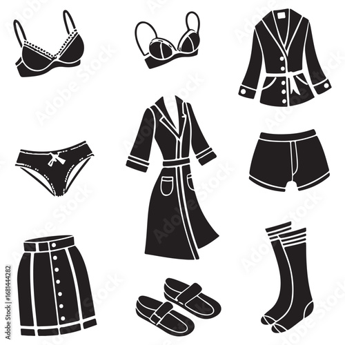 Collection of black and white hand drawn sketches of women s clothing and lingerie items arranged on a white background