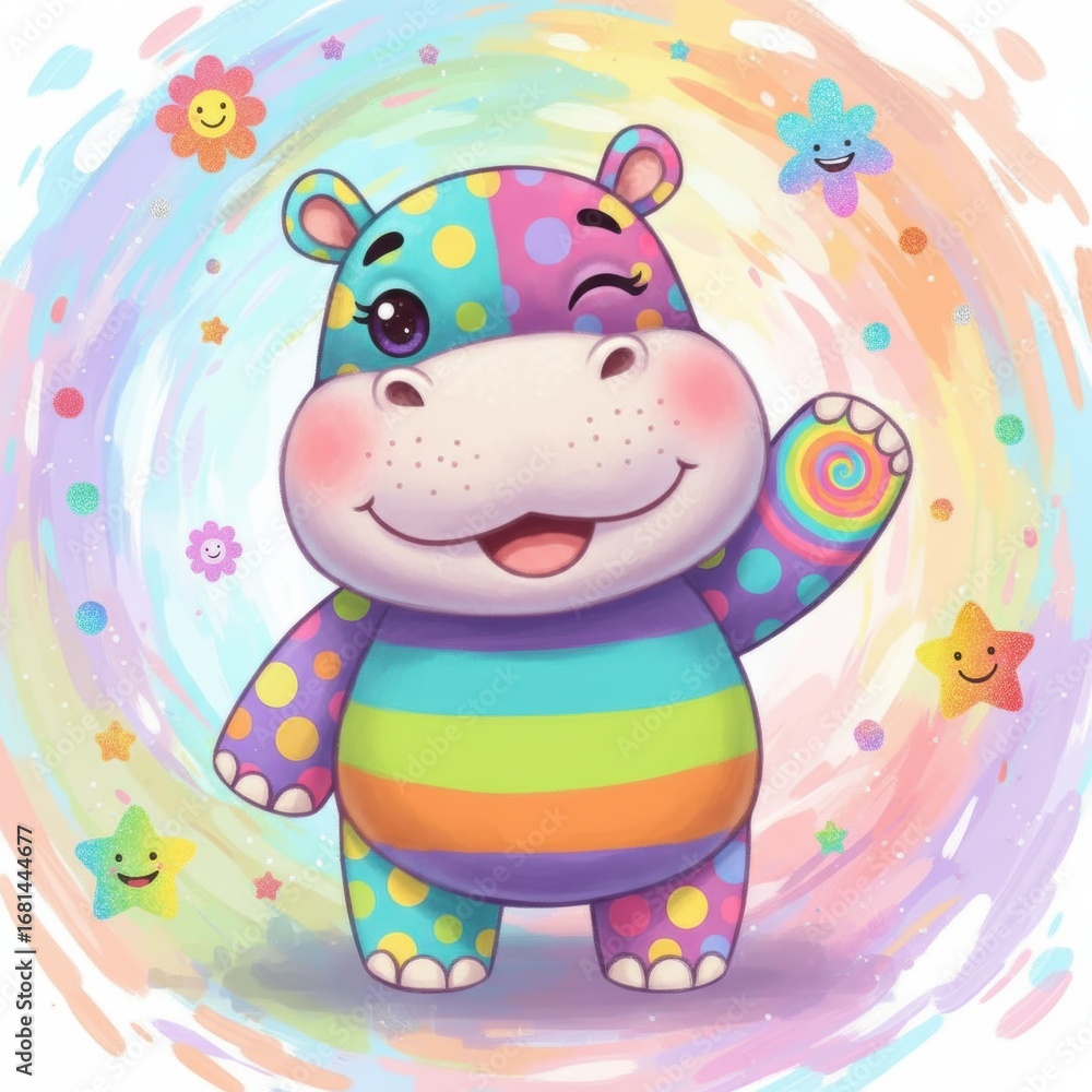 Fototapeta premium A colorful, cartoon hippopotamus with polka dots waves cheerfully against a vibrant, swirly background filled with flowers and smiling faces.