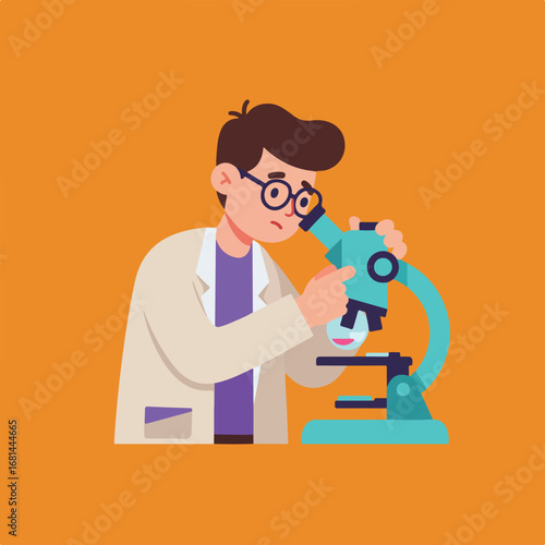Scientist examining specimen with microscope in laboratory, bright background