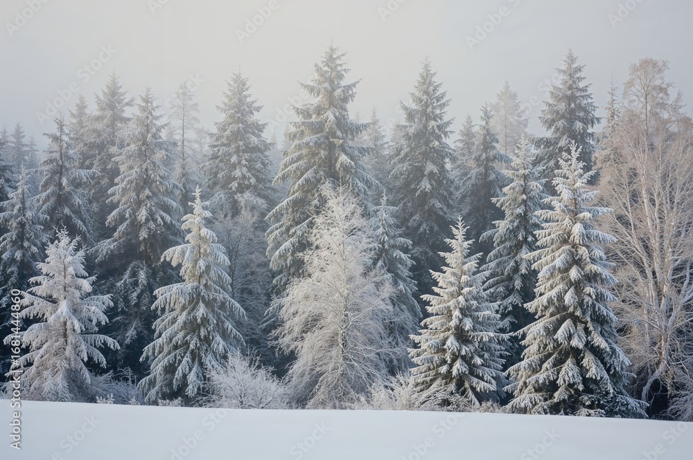 Fototapeta premium Winter woodland scene with frost-covered trees