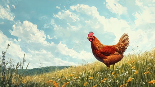 Free range chickens walking on rural farmyard with green grass and wooden fence