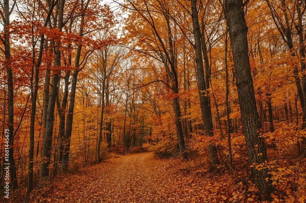 Obraz premium Autumn foliage scattered across the forest floor