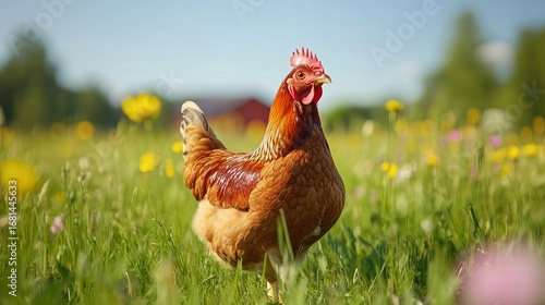 Free range chickens walking on rural farmyard with green grass and wooden fence