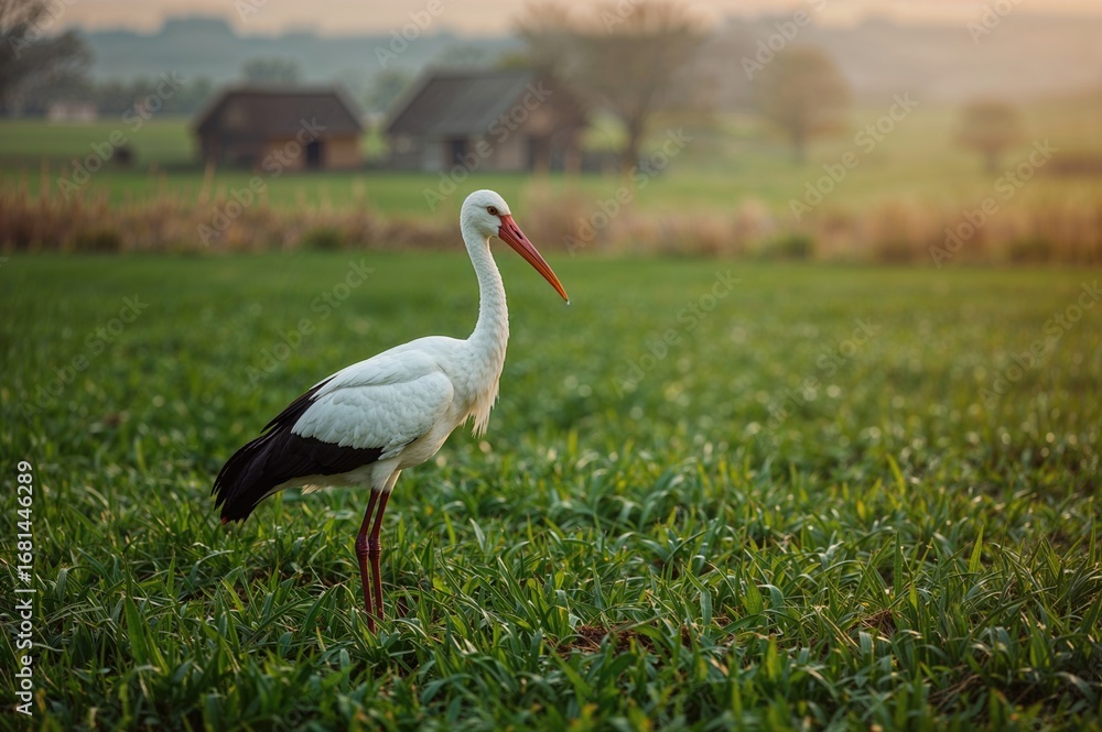 Naklejka premium Spring meadow with a white stork amidst green grass and sunrise