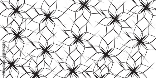 Seamless abstract black and white floral star pattern with intricate geometric lines and organic shapes.