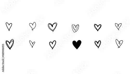A collection of hand-drawn heart symbols in various styles, ideal for expressing love, affection, and emotion. The doodle-style and the minimalist design suit perfectly for versatile purposes.